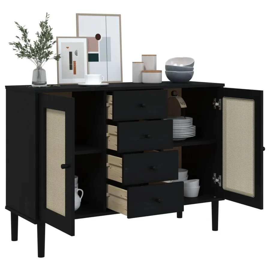 Buffet SENJA aspect rotin noir 112x40x80cm bois massif de pin - 4