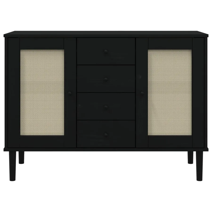 Buffet SENJA aspect rotin noir 112x40x80cm bois massif de pin - 5