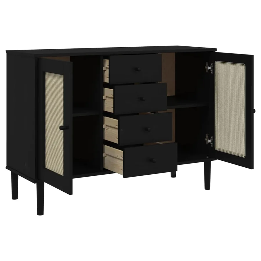 Buffet SENJA aspect rotin noir 112x40x80cm bois massif de pin - 6
