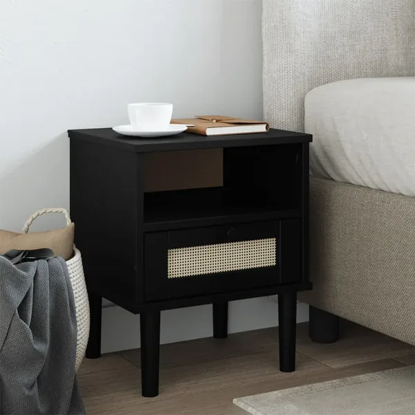 Table de chevet SENJA aspect de rotin noir bois de pin massif