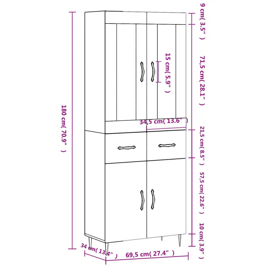 Buffet haut Sonoma gris 69,5x34x180 cm Bois d'ingénierie - 14
