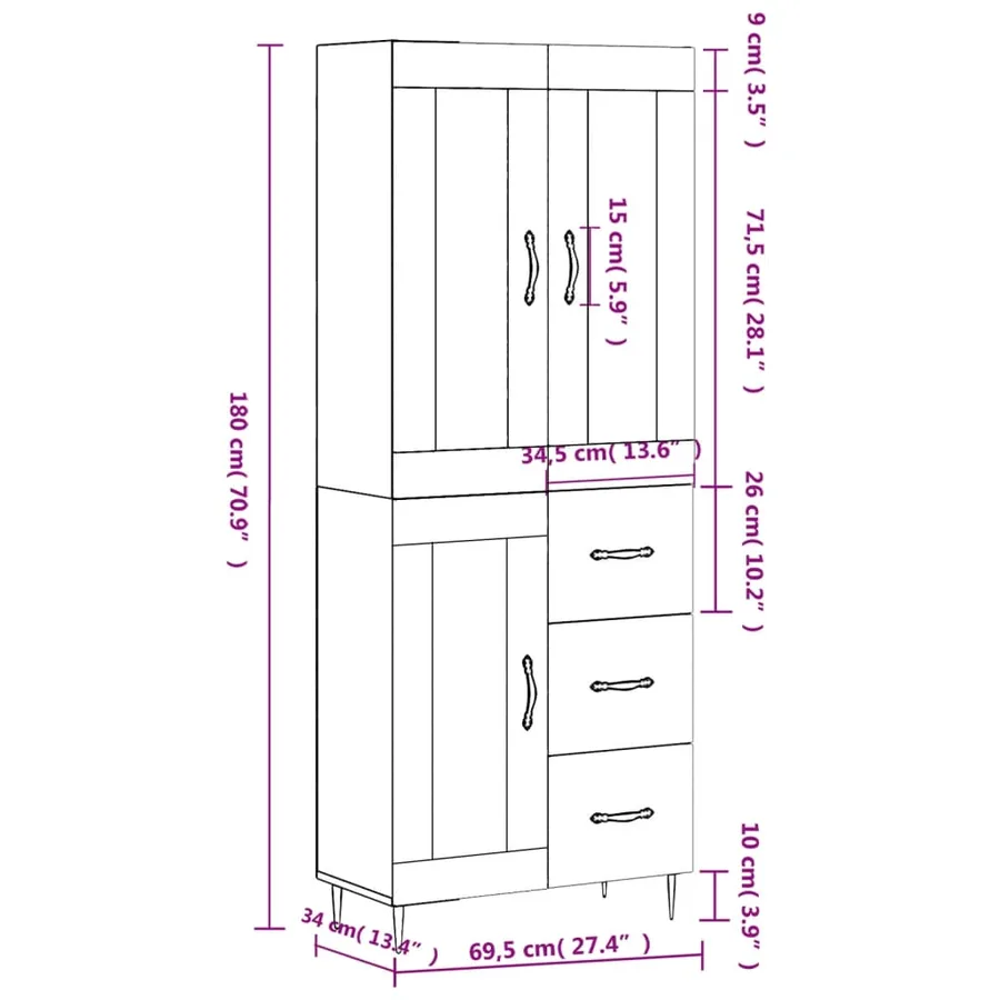 Buffet haut Blanc 69,5x34x180 cm Bois d'ingénierie - 14