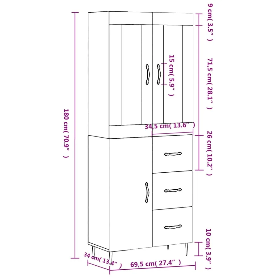 Buffet haut Sonoma gris 69,5x34x180 cm Bois d'ingénierie - 14