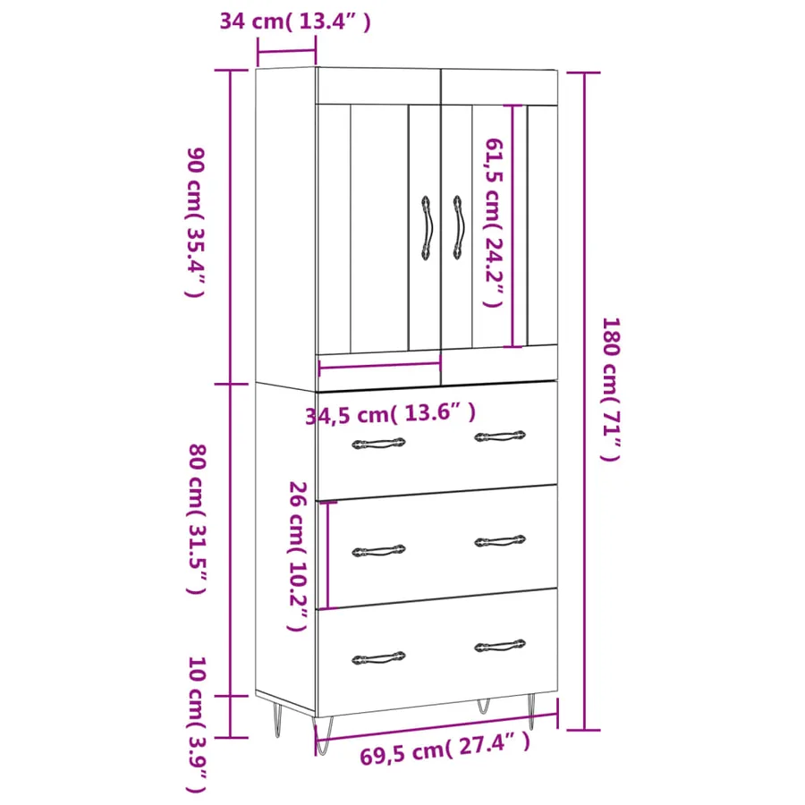 Buffet haut Blanc 69,5x34x180 cm Bois d'ingénierie - 14