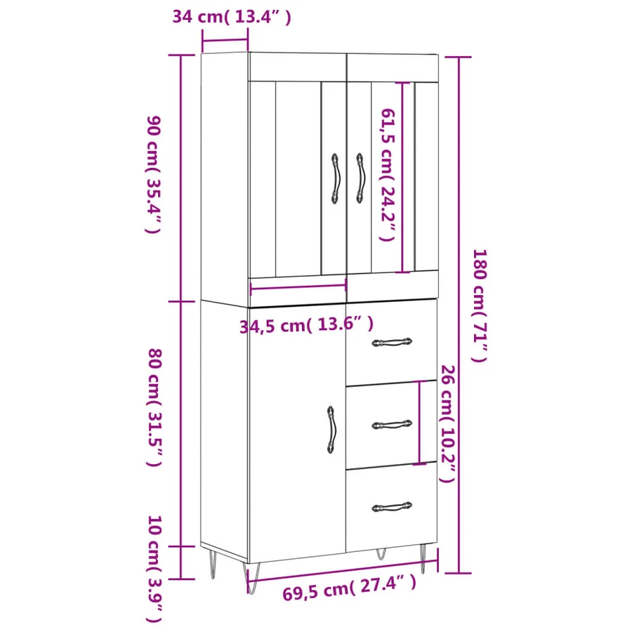 Buffet haut Gris béton 69,5x34x180 cm Bois d'ingénierie - 14