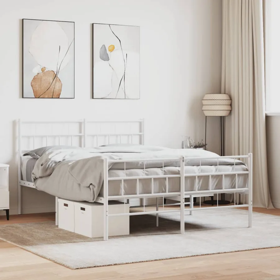 Cadre de lit métal sans matelas et pied de lit blanc 140x200 cm