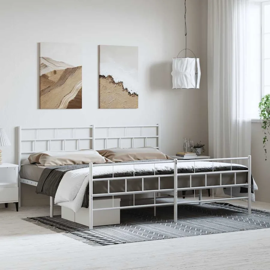 Cadre de lit métal sans matelas et pied de lit blanc 183x213 cm
