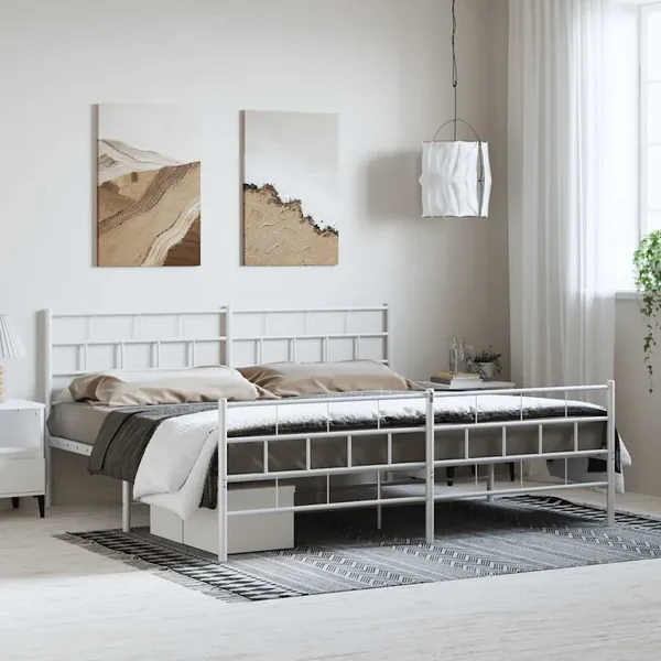 Cadre de lit métal sans matelas et pied de lit blanc 183x213 cm
