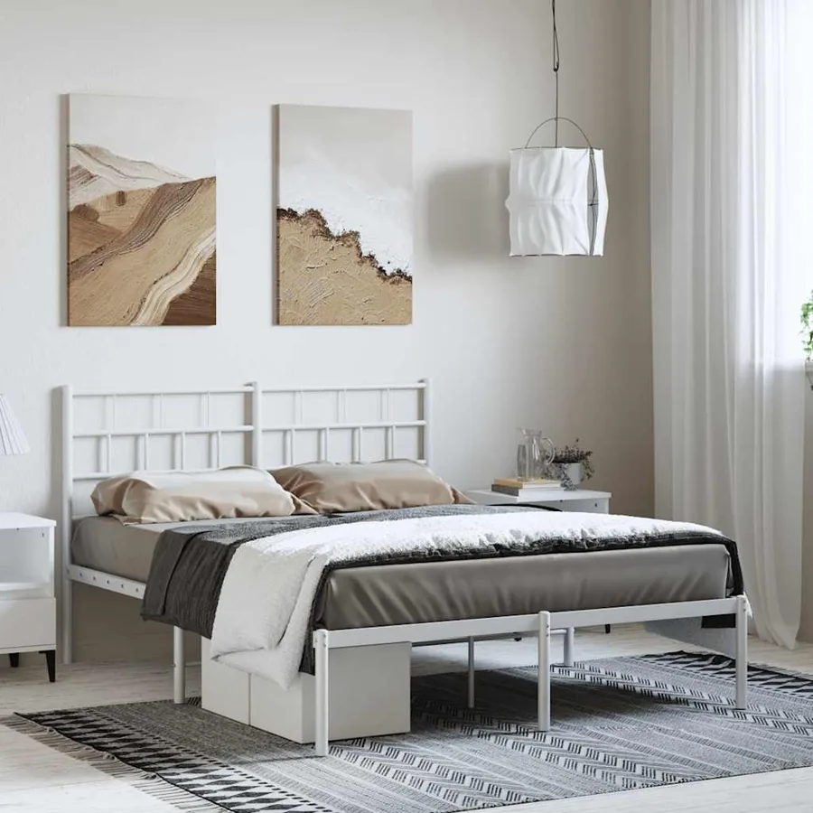 Cadre de lit métal sans matelas et tête de lit blanc 150x200 cm