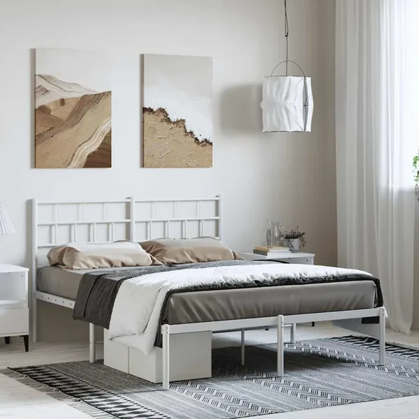 Cadre de lit métal sans matelas et tête de lit blanc 150x200 cm