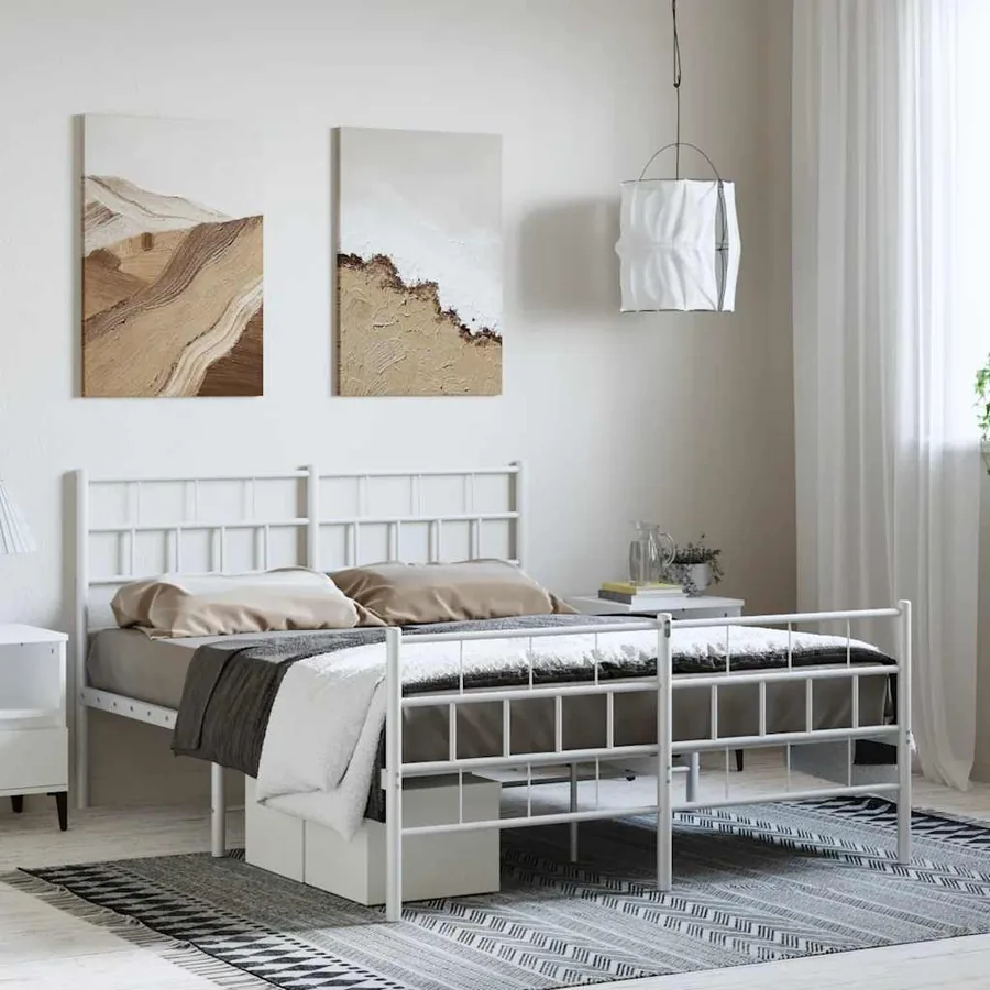 Cadre de lit métal sans matelas et pied de lit blanc 135x190 cm