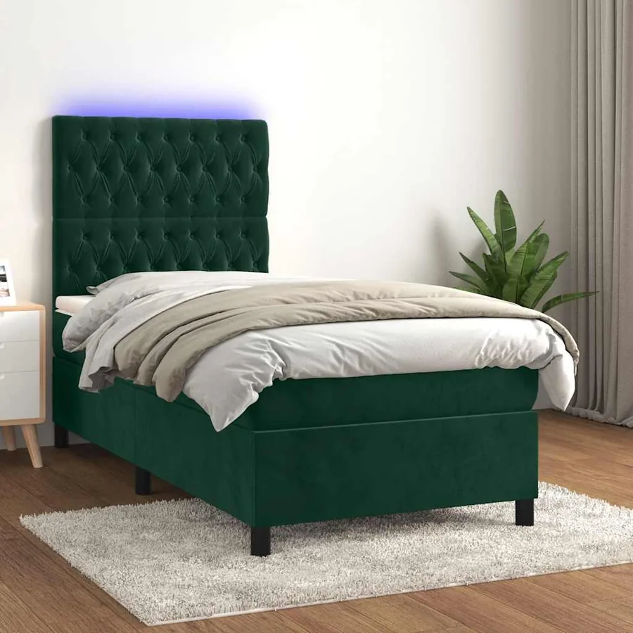 Sommier à lattes de lit et matelas et LED Vert foncé 90x200 cm