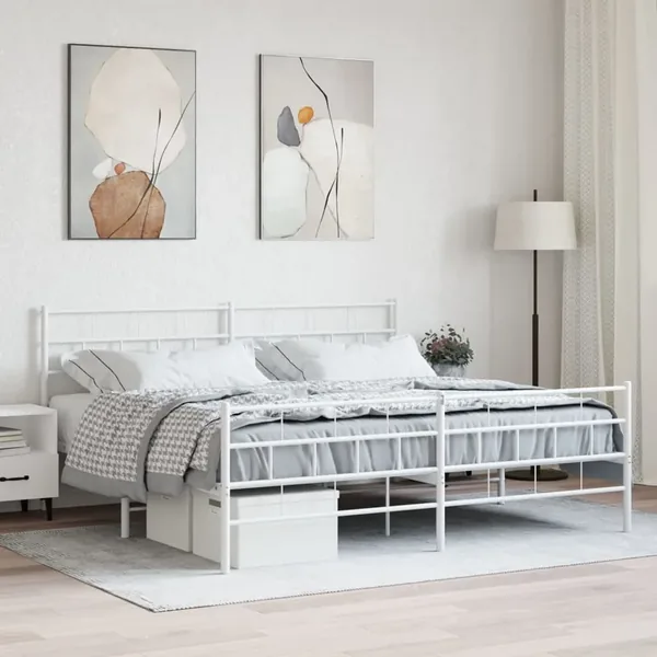 Cadre de lit métal sans matelas et pied de lit blanc 200x200 cm
