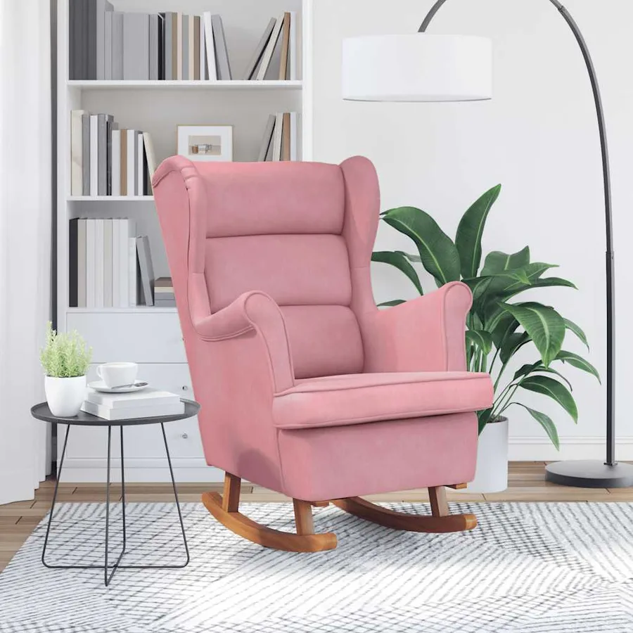 Fauteuil à bascule à oreilles en velours rose bois massif - 3