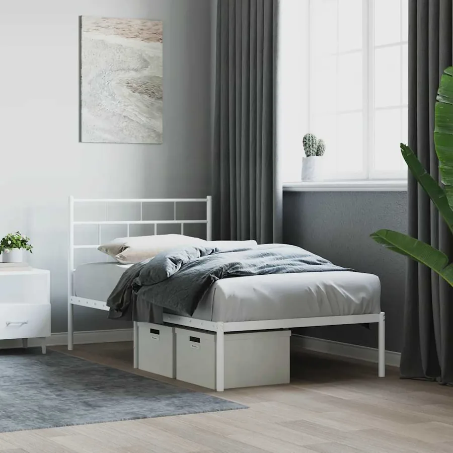 Cadre de lit métal sans matelas et tête de lit blanc 107x203 cm