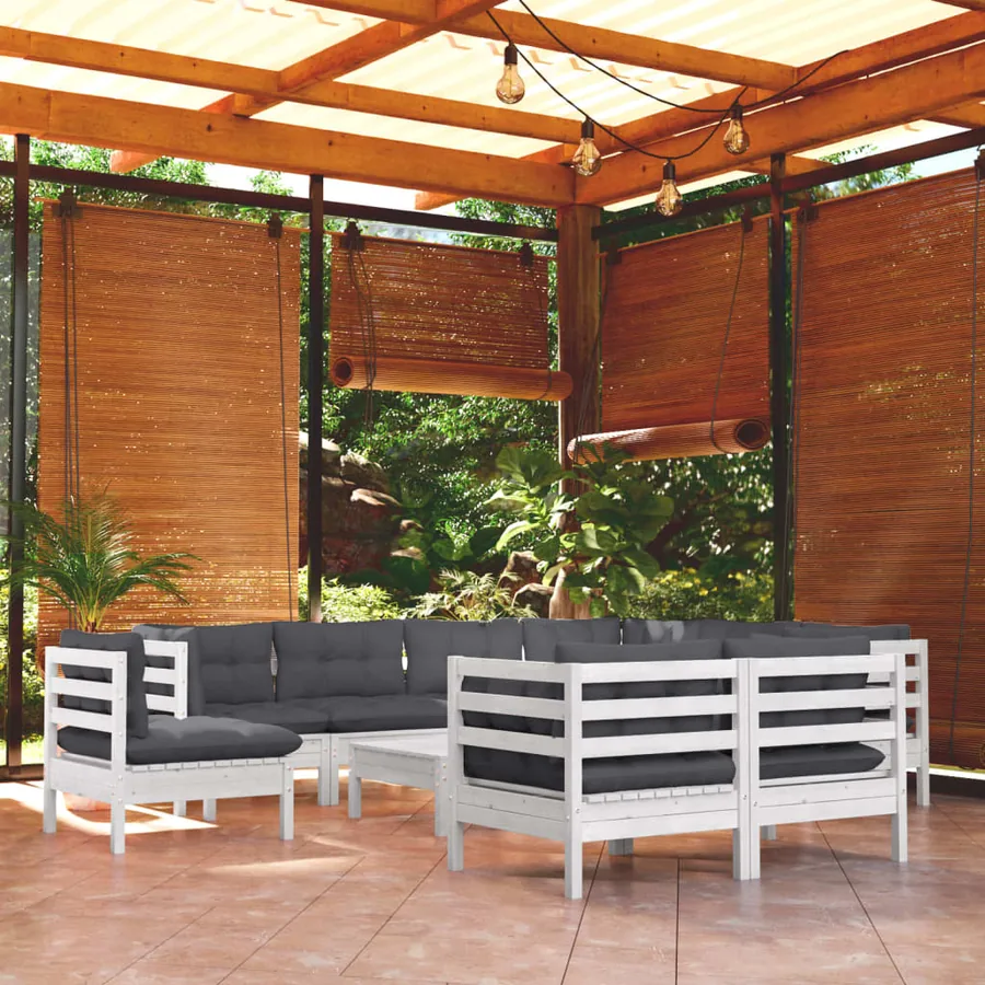 Salon de jardin 10 pcs avec coussins blanc bois de pin massif