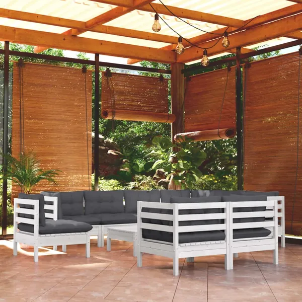 Salon de jardin 10 pcs avec coussins blanc bois de pin massif