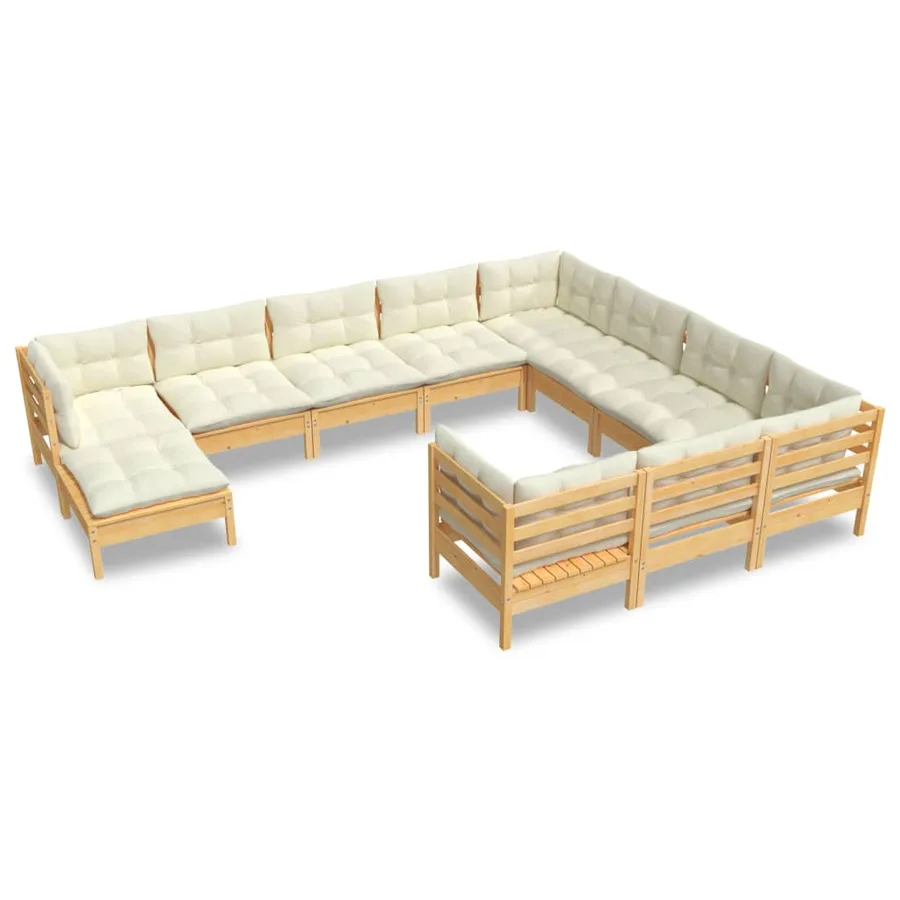 Salon de jardin 11 pcs avec coussins crème bois de pin - 2