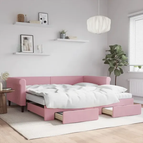 Lit de jour avec gigogne et tiroirs rose 100x200 cm velours