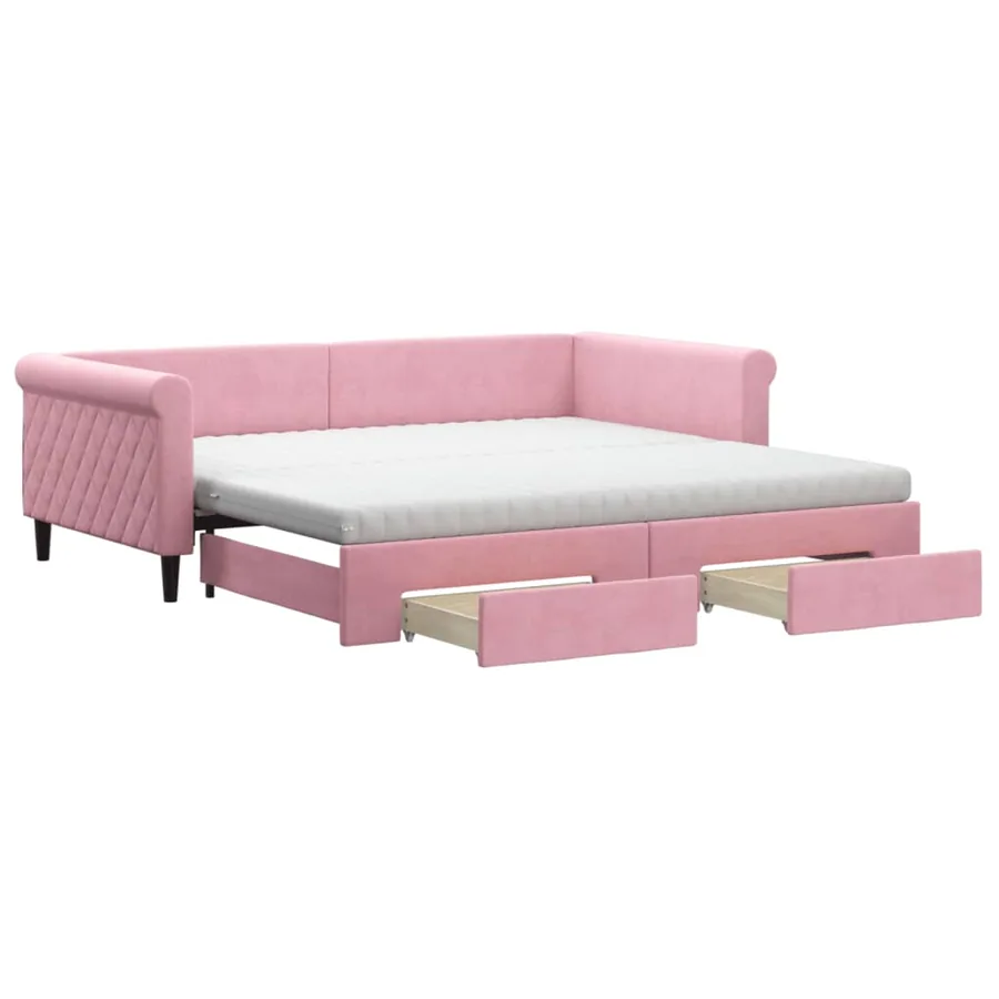 Lit de jour avec gigogne et tiroirs rose 100x200 cm velours - 2