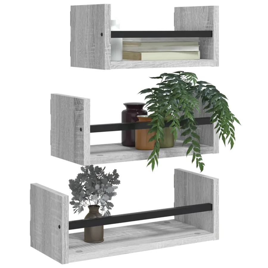 Ensemble d'étagères murales avec barres 3 pcs sonoma gris - 3