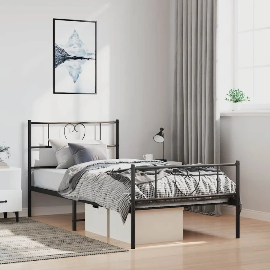 Cadre de lit métal sans matelas avec pied de lit noir 100x190cm
