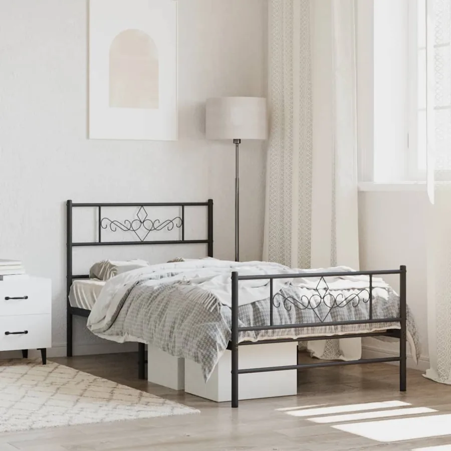 Cadre de lit métal sans matelas avec pied de lit noir 107x203cm