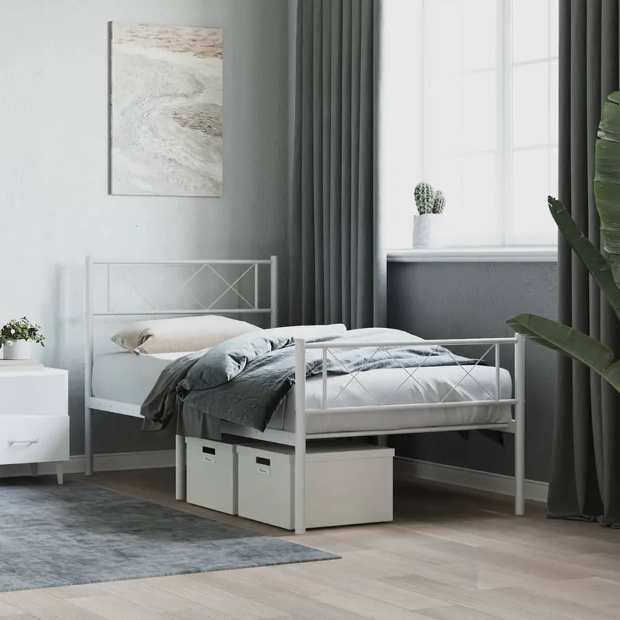 Cadre de lit métal sans matelas et pied de lit blanc 107x203 cm