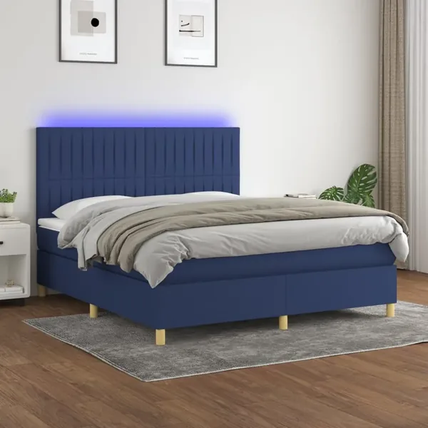 Sommier à lattes de lit et matelas et LED Bleu 160x200 cm Tissu