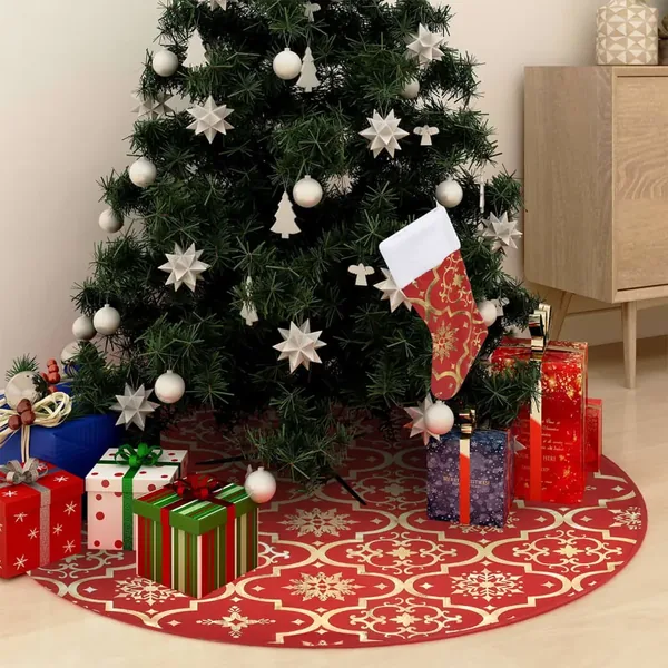 Jupe de sapin de Noël de luxe avec chaussette, tissu rouge, 150 cm