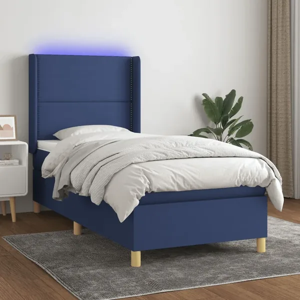 Sommier à lattes de lit matelas et LED Bleu 90x200 cm Tissu