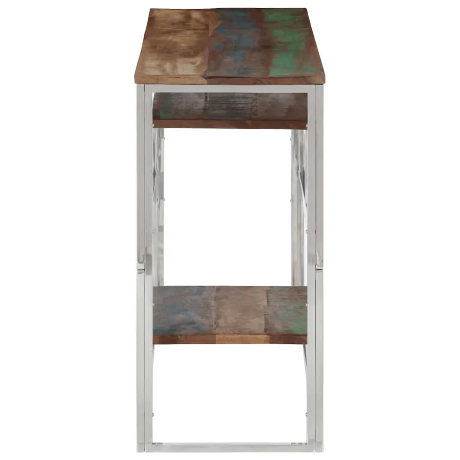 Table console argenté inox et bois de récupération massif - 4