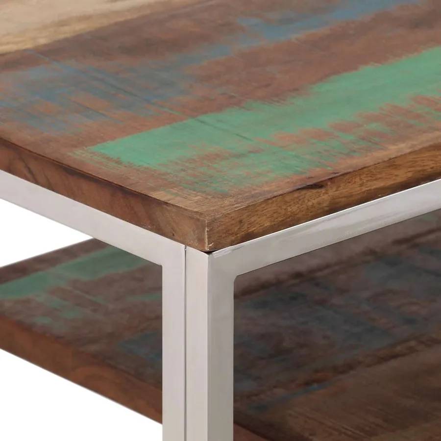 Table console argenté inox et bois de récupération massif - 5