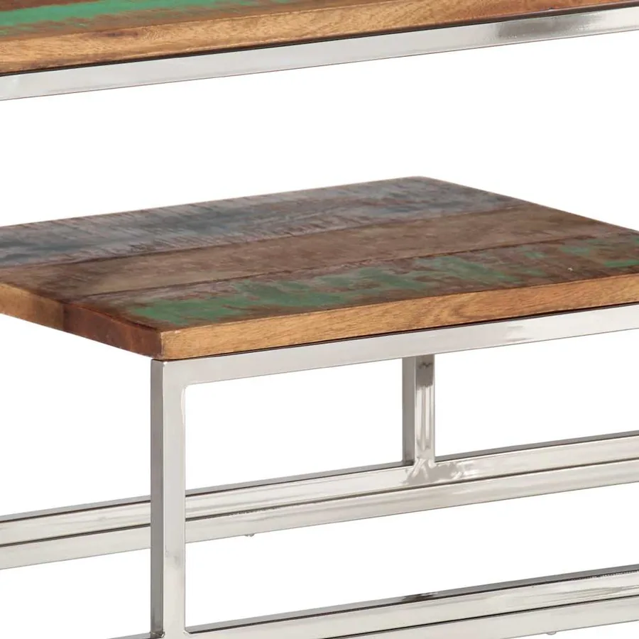 Table console argenté inox et bois de récupération massif - 7