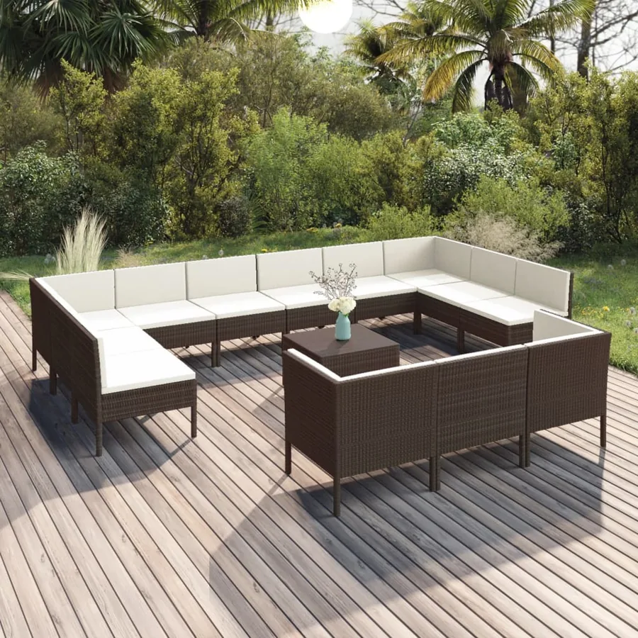 Salon de jardin 14 pcs avec coussins Résine tressée Marron