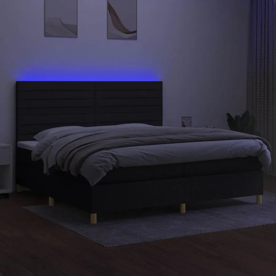Sommier à lattes de lit et matelas et LED Noir 200x200 cm Tissu - 4