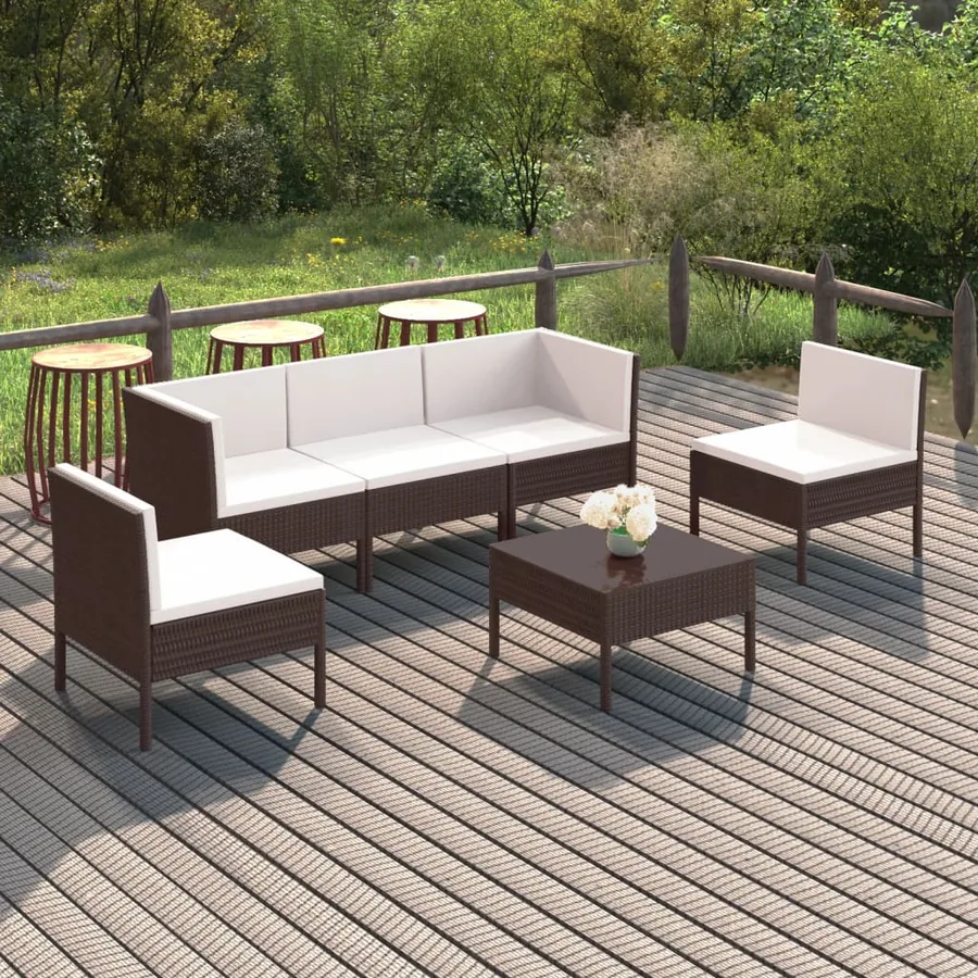Salon de jardin 6 pcs avec coussins Résine tressée Marron