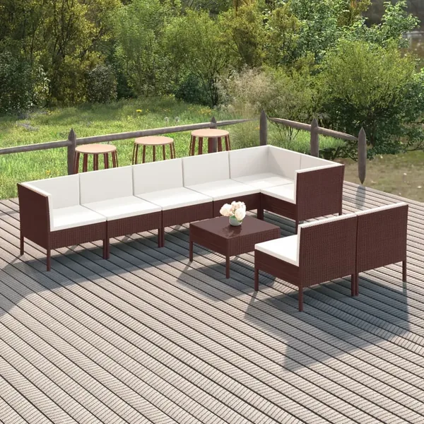Salon de jardin 9 pcs avec coussins résine tressée marron