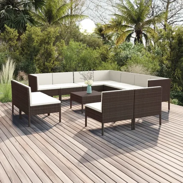 Salon de jardin 12 pcs avec coussins Résine tressée Marron