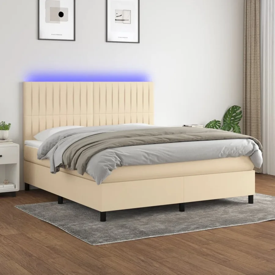 Sommier à lattes de lit et matelas et LED Crème 160x200cm Tissu