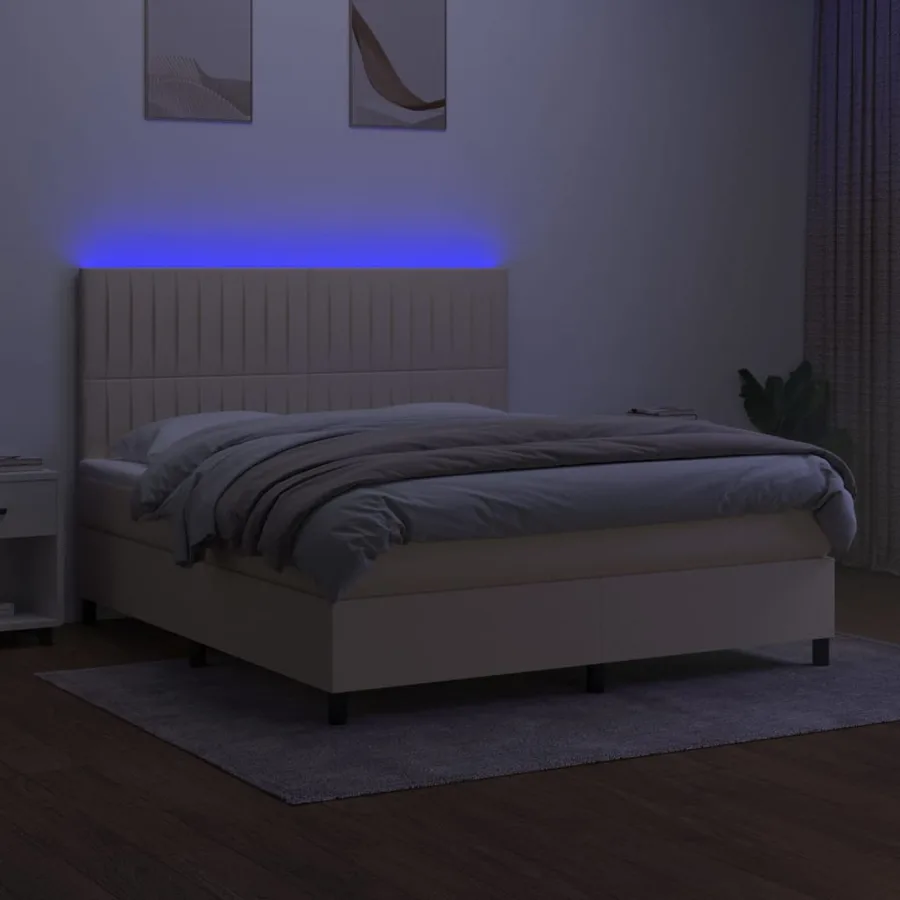 Sommier à lattes de lit et matelas et LED Crème 160x200cm Tissu - 4