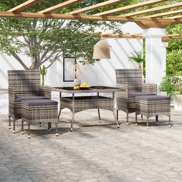 Ensemble à Manger jardin 5 pcs résine tressée verre trempé Gris