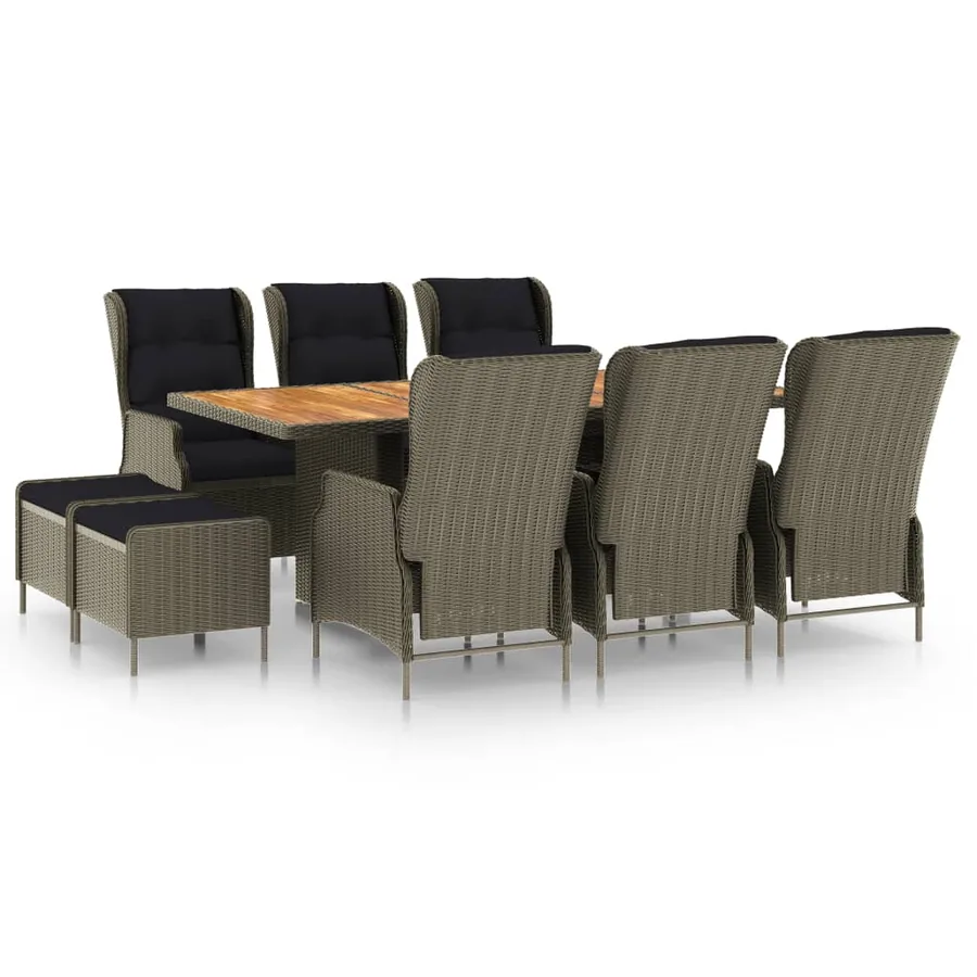 Ensemble à manger d'extérieur et coussins 9 pcs résine tressée