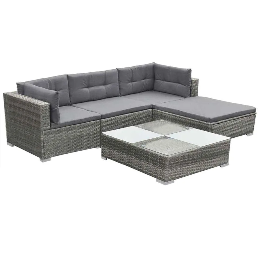Salon de jardin 5 pcs avec coussins résine tressée gris - 3