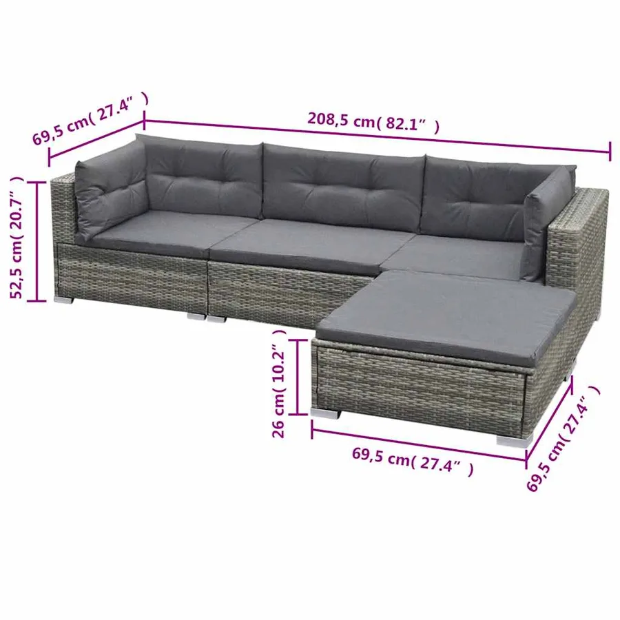 Salon de jardin 5 pcs avec coussins résine tressée gris - 7