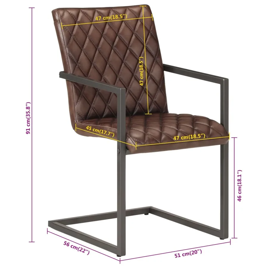 Chaises à manger cantilever lot de 2 marron cuir véritable - 9