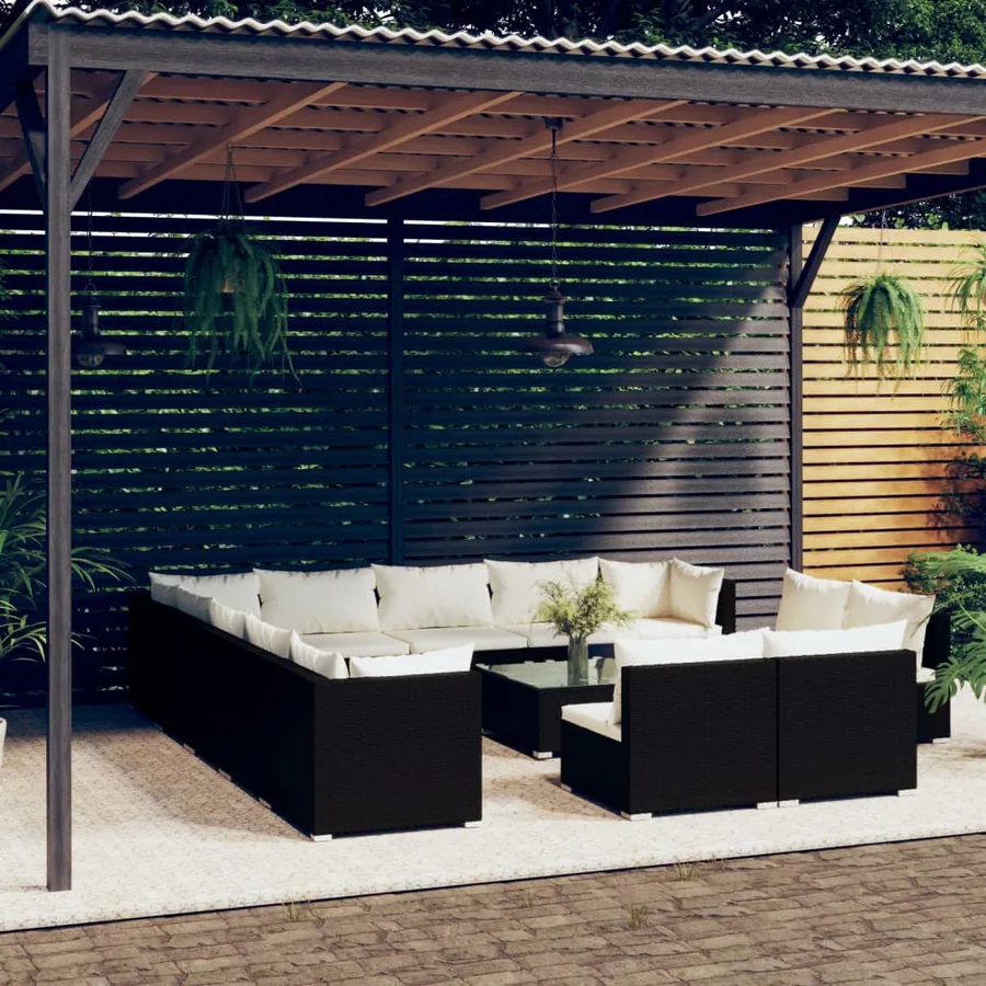 Salon de jardin 14 pcs avec coussins Noir Résine tressée