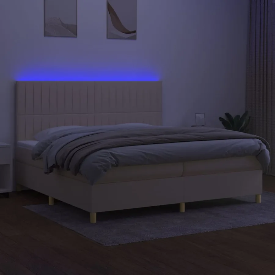 Sommier à lattes de lit et matelas et LED Crème 200x200cm Tissu - 4