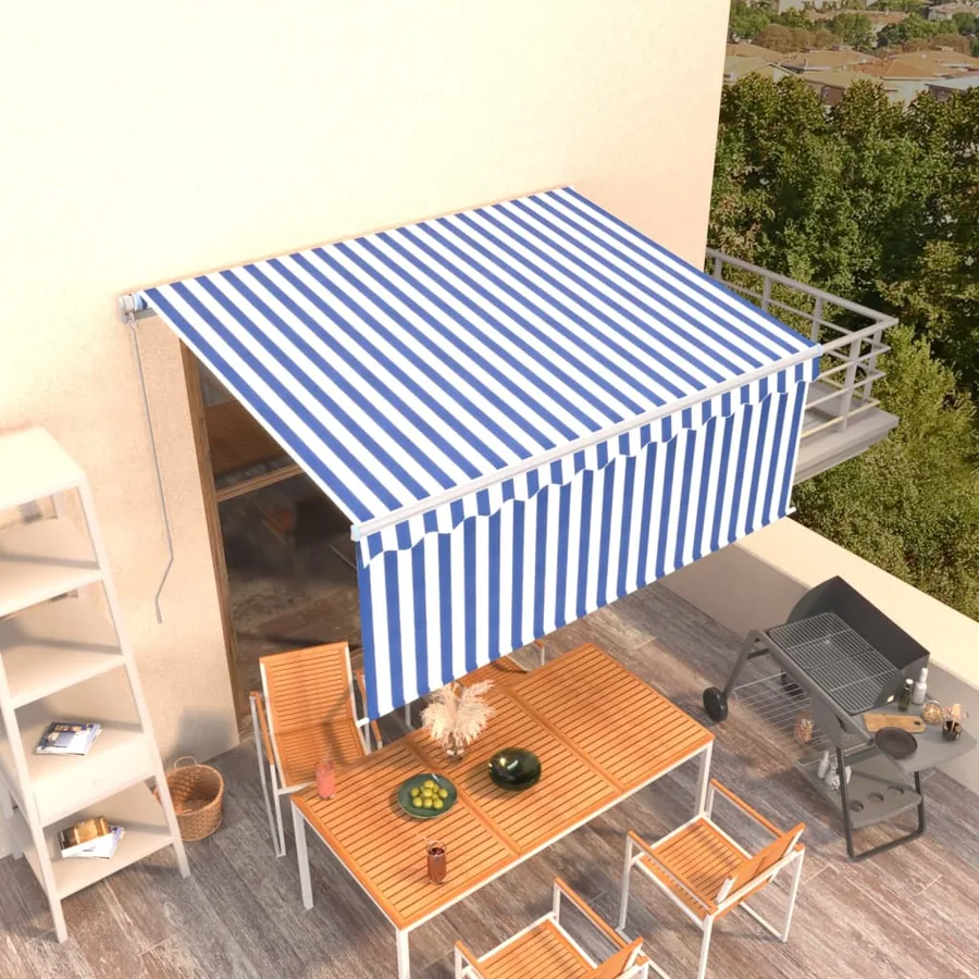 Auvent rétractable manuel avec store 3,5x2,5 m Bleu et blanc