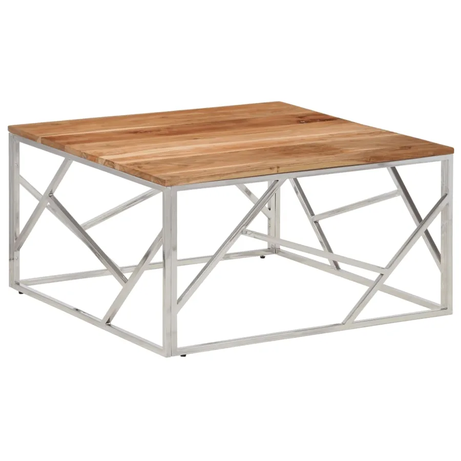 Table basse argenté acier inoxydable et bois massif d'acacia - 2